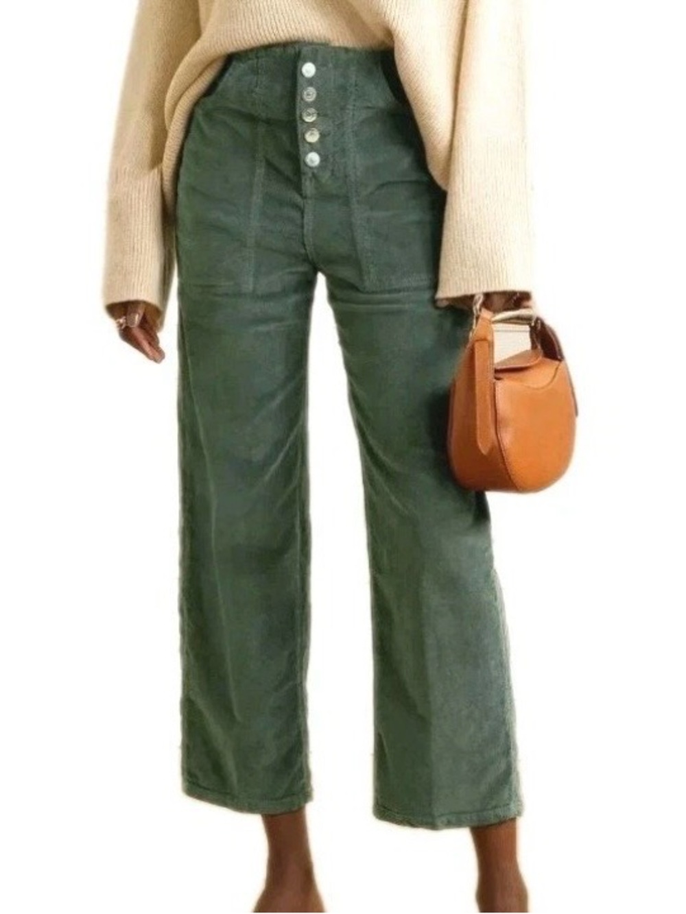 Veronica Beard Olive Green High-Rise Wide-Leg Corduroy Pants